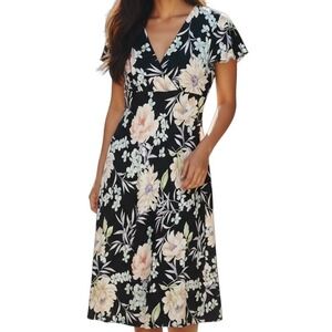 Liz Claiborne Women's Black Classic Floral Silk Capped Sleeve Midi Dress 10‎